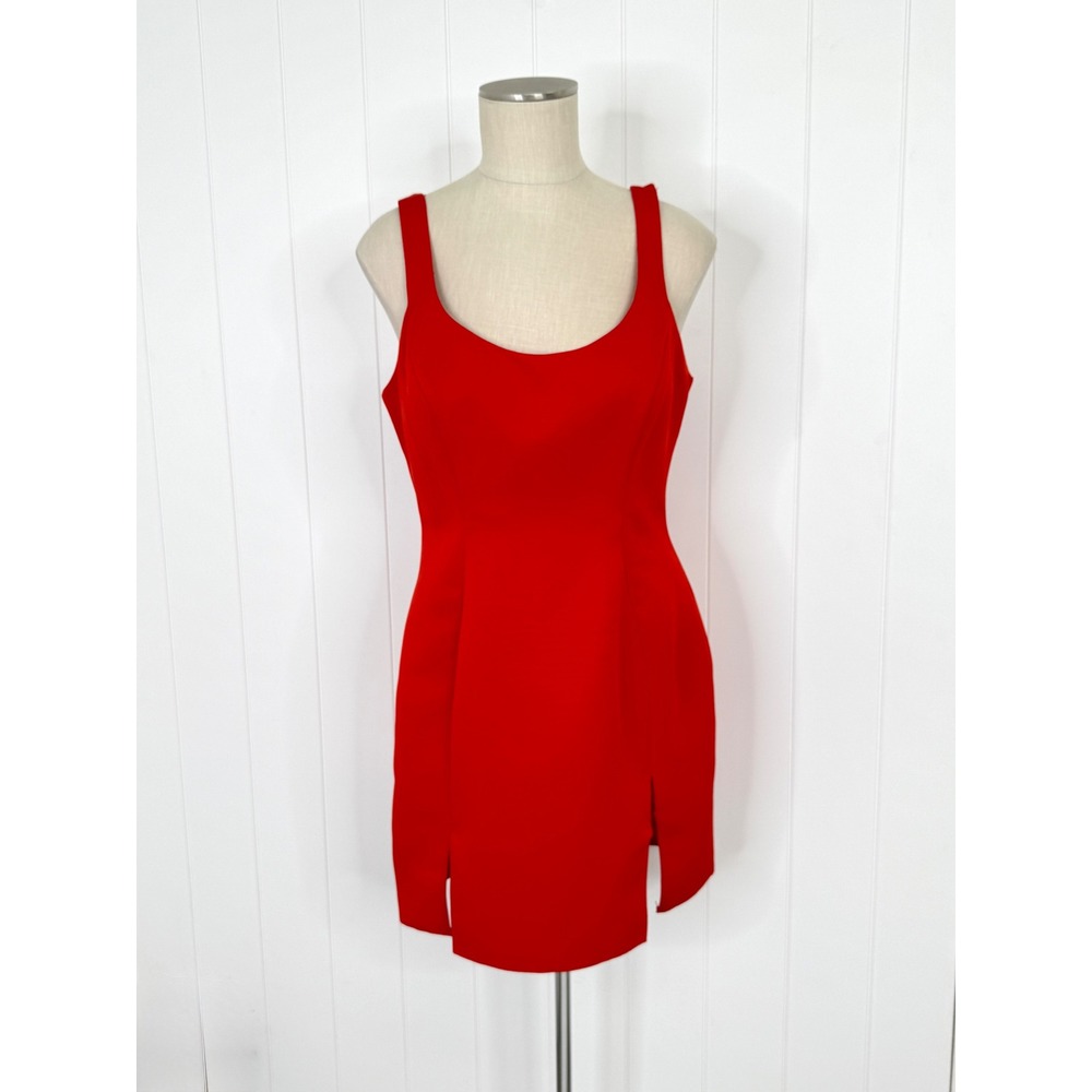ASOS Red Scoop Neck Slit Mini Dress Women Size 8 Sleeveless Ribbed Bodycon